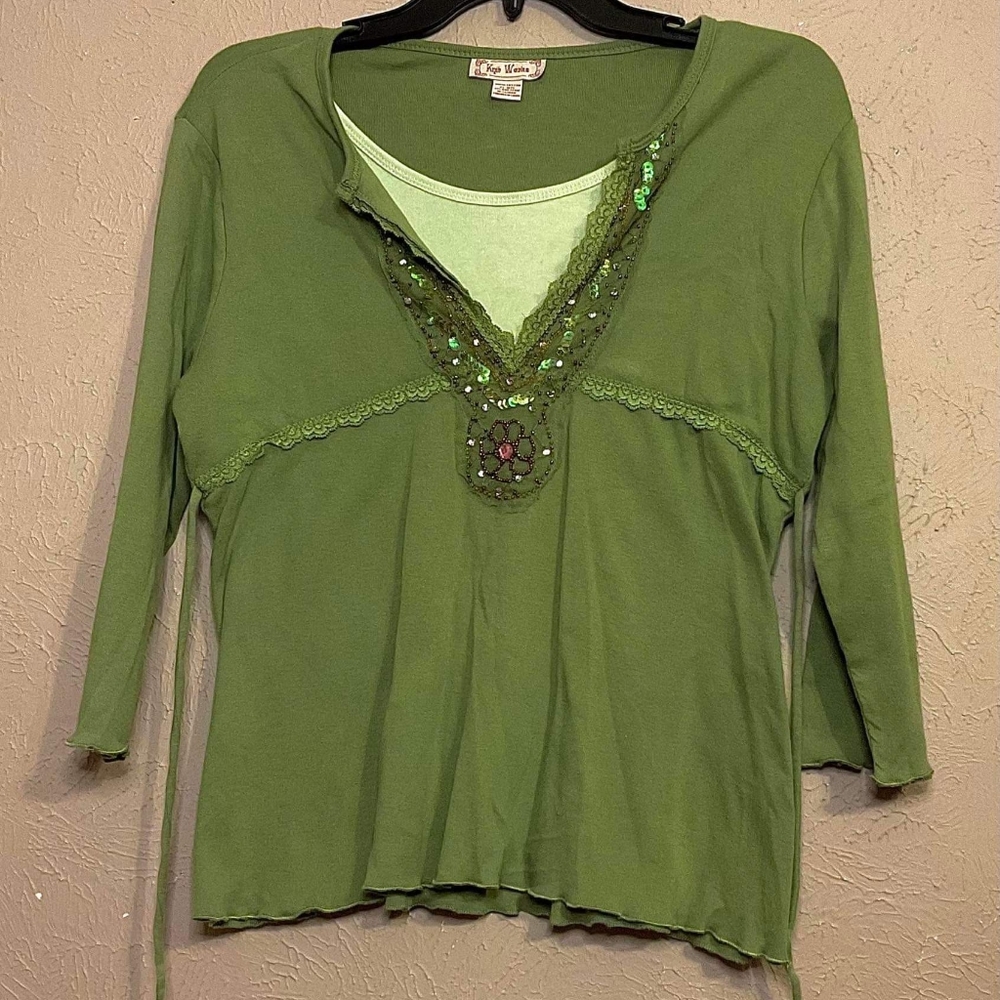 Cute Beaded Lace XL Juniors TopOlive green beaded long sleeved blouse with beads